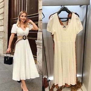 ZARA Linen Blend Smocked Back V-Neck Fully Lined Midi Maxi Dress